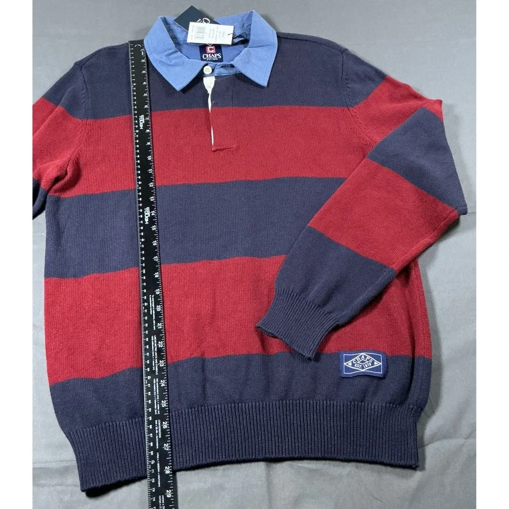 Chaps Mens Striped Rugby Sweater Navy Red Cotton Knit Long Sleeve NWT Size M